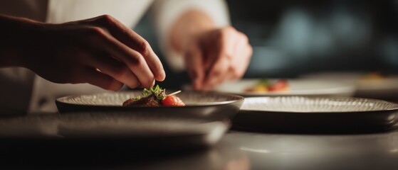 Master Chef Hands Plating Gourmet Dish in Fine Dining Restaurant Kitchen
