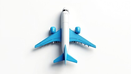 White passenger jet with blue wings and engines isolated on white background. Airplane symbolizes air travel and fast transportation. Global journeys and flight industry.