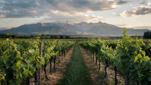 Scenic vineyard with lush grapevines leading to majestic snow capped mountains at sunset