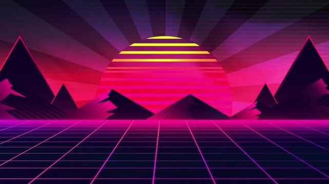 80s Vaporwave Neon Sun and Futuristic Mountains Loop