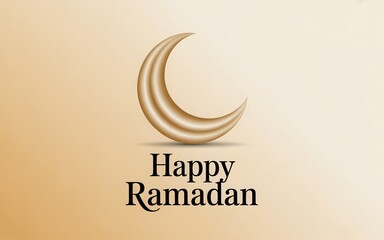 Golden crescent moon with Happy Ramadan text on beige background