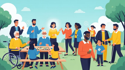 Fototapeta premium Diverse group of people enjoying a picnic and board games in a park representing community and outdoor recreation flat illustration style