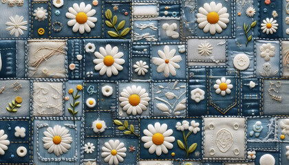 A denim patchwork pattern with Daisy Jeans floral motifs seamless, Ai generated image