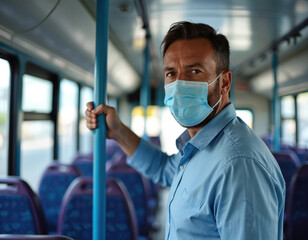 Man wearing face mask rides bus holding pole. Commuter practices safety for pandemic or illness. Public transport during health crisis. One person travels alone.