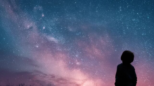 Child looks at the starry night sky and admires the beauty of the universe from a quiet location in nature