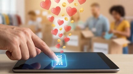 Hand pressing donate button on tablet with hearts and coins rising