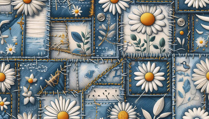 A denim patchwork pattern with Daisy Jeans floral motifs seamless, Ai generated image