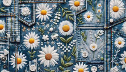 A denim patchwork pattern with Daisy Jeans floral motifs seamless, Ai generated image