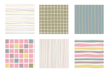 Set of six seamless modern simple minimal abstract geometric colorful light patterns. Vector hand drawn endless backgrounds.