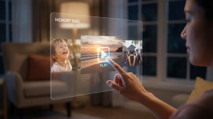 Woman interacting with virtual memory reel on transparent screen in modern living room