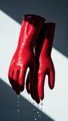 Pair of glossy red rubber gloves hanging in mid-air with droplets  