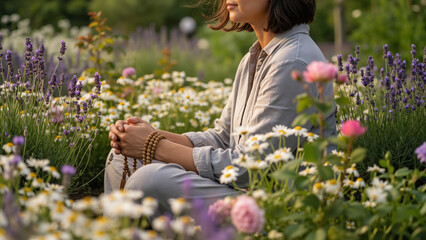 Woman practicing mindfulness in beautiful flower garden at sunset  
