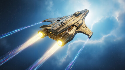 Sleek spaceship with golden metallic body and yellow glowing engines  