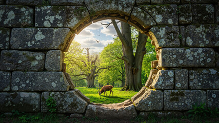 Serene view through circular hole in ancient stone wall with deer grazing  