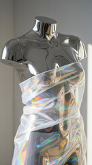 Smooth chrome mannequin torso wrapped in transparent holographic material  