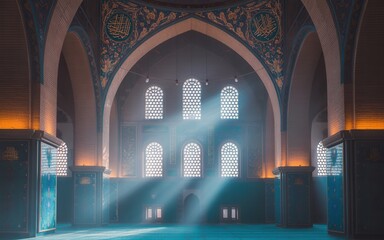 Interior of a stunning mosque with sunbeams shining through ornate windows