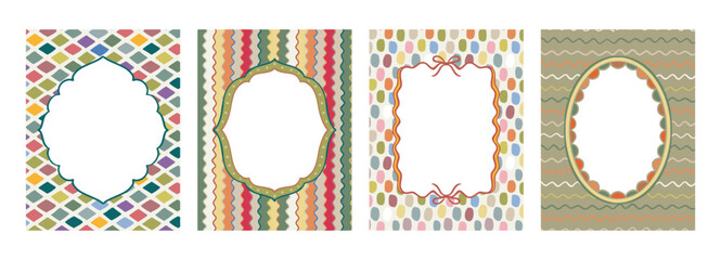 Cute hand drawn vector frames with simple geometric backgrounds. Festive holiday collection. Celebration design, simple postcard illustrations