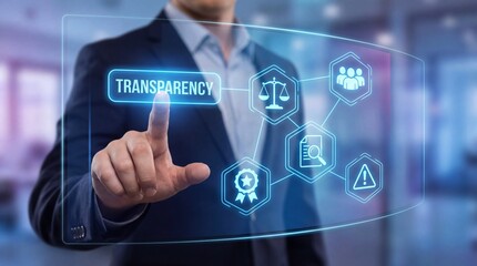 Businessman interacting with transparency interface in modern office