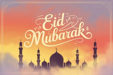 Eid Mubarak celebration with beautiful mosque silhouette at sunset