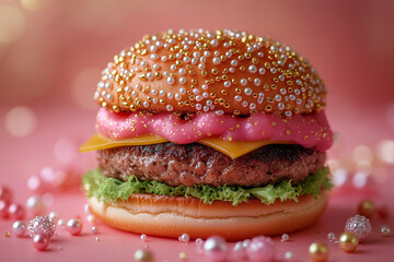 burger made of pearls, gold beads and jewelry arranged like a bun, aesthetic fast food concept in pink tones, ideal for fashion campaigns, luxury branding, social media, advertising banner, web.flyer