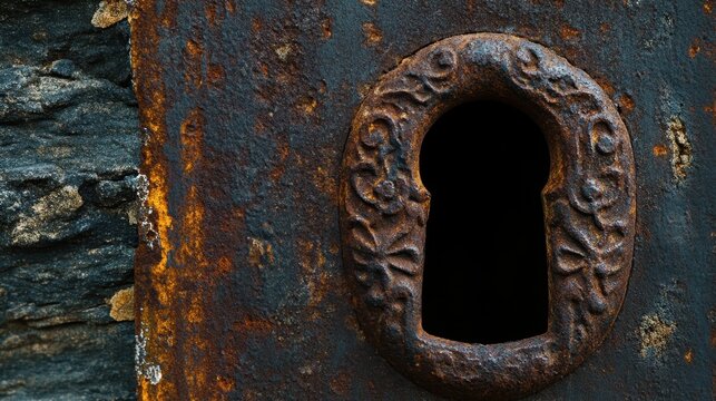 A close up of an ornate rusty iron keyhole on a textured weathered metal surface - Powered by Adobe