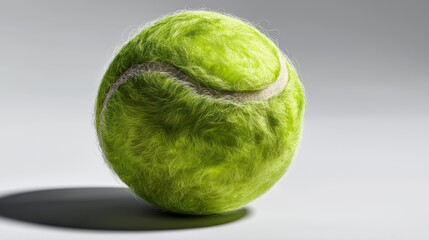 A vibrant green tennis ball sits on a clean white surface, showcasing its textured surface and branding. Its round shape symbolizes fun, competition, and athleticism