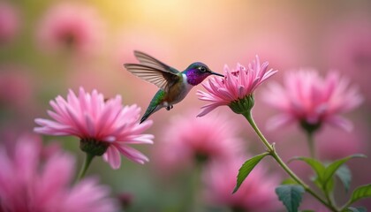 Obraz premium Tiny hummingbird with vibrant purple neck hovers mid air drinking nectar from pink daisy flower. Feathered creature with wings spread wide in garden with soft bokeh background.