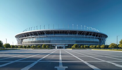Modern stadium exterior facade stands against clear blue sky. Sleek contemporary architecture features glass, steel structure, rows of trees line perimeter. Empty parking lot stretches out in front,