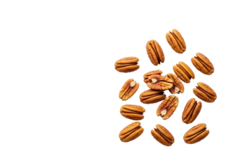 Perfectly peeled golden-brown pecan halves, artfully scattered on a seamless transparent background with copy space, photorealistic overhead flat lay. Concept of healthy living and natural goodness
