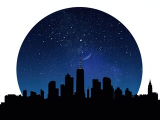 City skyline under moonlit sky