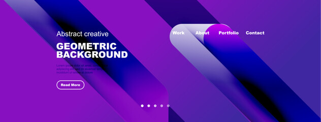 Naklejka premium Abstract purple design. Geometric shapes create dynamic background. Text elements present work, about, portfolio, contact options.