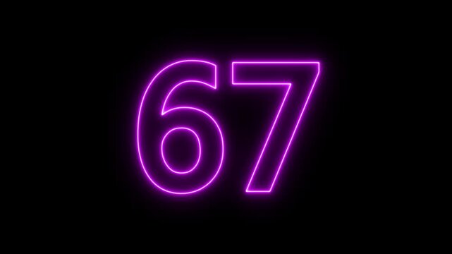 Flickering neon number 67 on black background. glowing neon text 67 number countdown icon. abstract neon text 67 number countdown timer background.