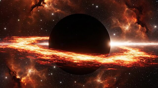 Cinematic black hole with glowing accretion disk in deep space