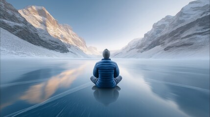 A peaceful figure sits quietly on a pristine ice surface, surrounded by majestic snow-covered mountains. The dawn light paints a gentle glow, enhancing the serene atmosphere