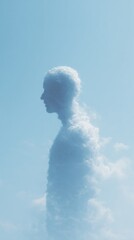 Surreal Human Figure Formed from White Clouds Floating in Blue Sky