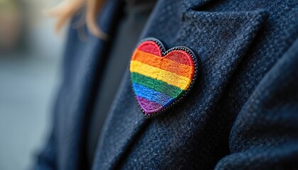 Rainbow heart pin attached to dark jacket lapel. Closeup on colourful accessory. Symbol of pride and diversity. Fashion statement for equality.