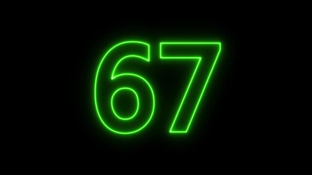 Flickering neon number 67 on black background. glowing neon text 67 number countdown icon. abstract neon text 67 number countdown timer background.