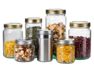 Variety of jars filled with different food items.