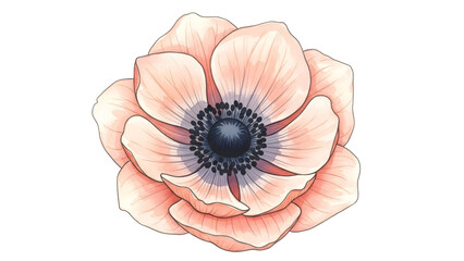 Peach Anemone Flower Watercolor Illustration Isolated On Black