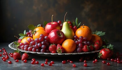 Assorted fresh fruits served on decorative platter. Includes apples, oranges, grapes, strawberries, and pears. Juicy, colorful, and healthy food arrangement.