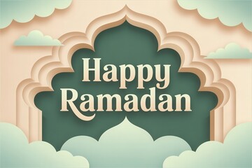 Happy Ramadan greeting with elegant Islamic arch and clouds