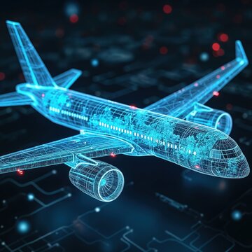 Digital twin airplane hologram shows flight data. Futuristic aircraft performance monitoring interface displays real time diagnostics and system status. Advanced aerospace tech.