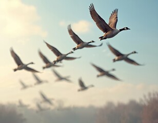Canada geese fly in V formation across blue sky. Birds migrating south for winter, showing teamwork and natural instinct in their journey. Wings beat as they travel.
