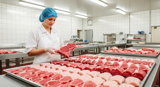 Professional woman butcher in clean food processing facility displaying fresh raw meat cuts for sale