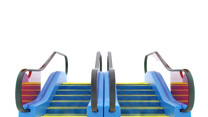 Two Blue Escalators with Yellow Steps Against White Background