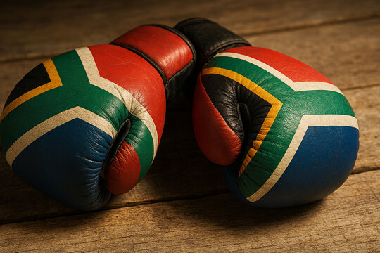 Boxing Gloves with South African Flag Design on Rustic Wooden Surface