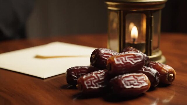 Ramadan iftar meal with dates and Islamic lantern on wooden table
