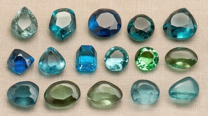 A collection of assorted polished gemstones in various shades of blue and green, displayed on a textured surface