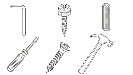 Assorted tools including hammer, screwdriver, and wrench arranged on a plain white background