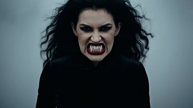 Vampire Woman in Black Velvet Dress Walking on Foggy Street with Vintage Car Approaching Camera and Revealing Fangs